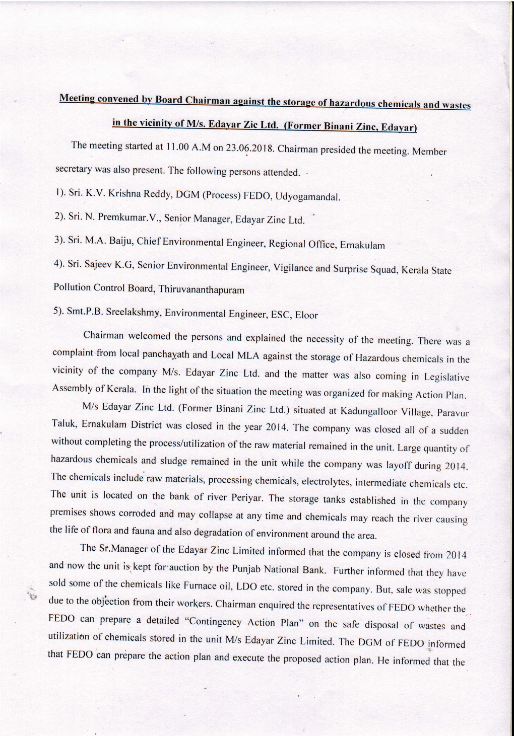 Complaint'from Local Panchayath and Local MLA Against the Stora Ge of Hazardous Chemicals in the Vicinity of the Company M/S' Edayar Zinc Ltd