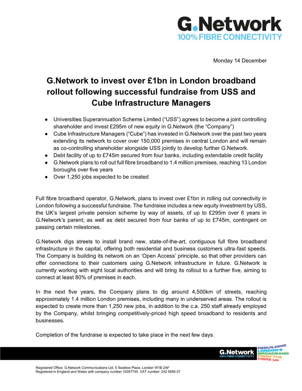 G.Network to Invest Over £1Bn in London Broadband Rollout Following Successful Fundraise from USS and Cube Infrastructure Managers
