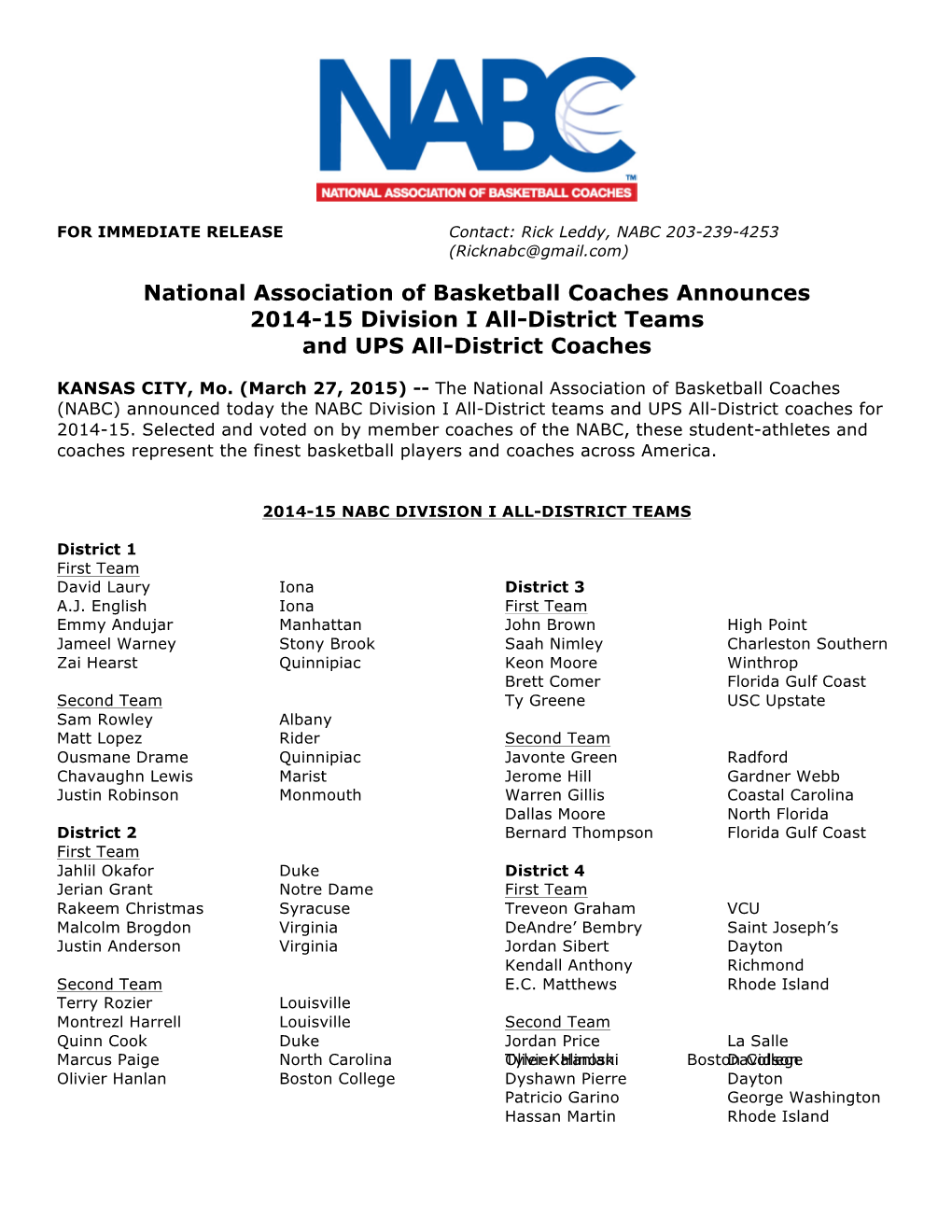 National Association of Basketball Coaches Announces 2014-15 Division I All-District Teams and UPS All-District Coaches