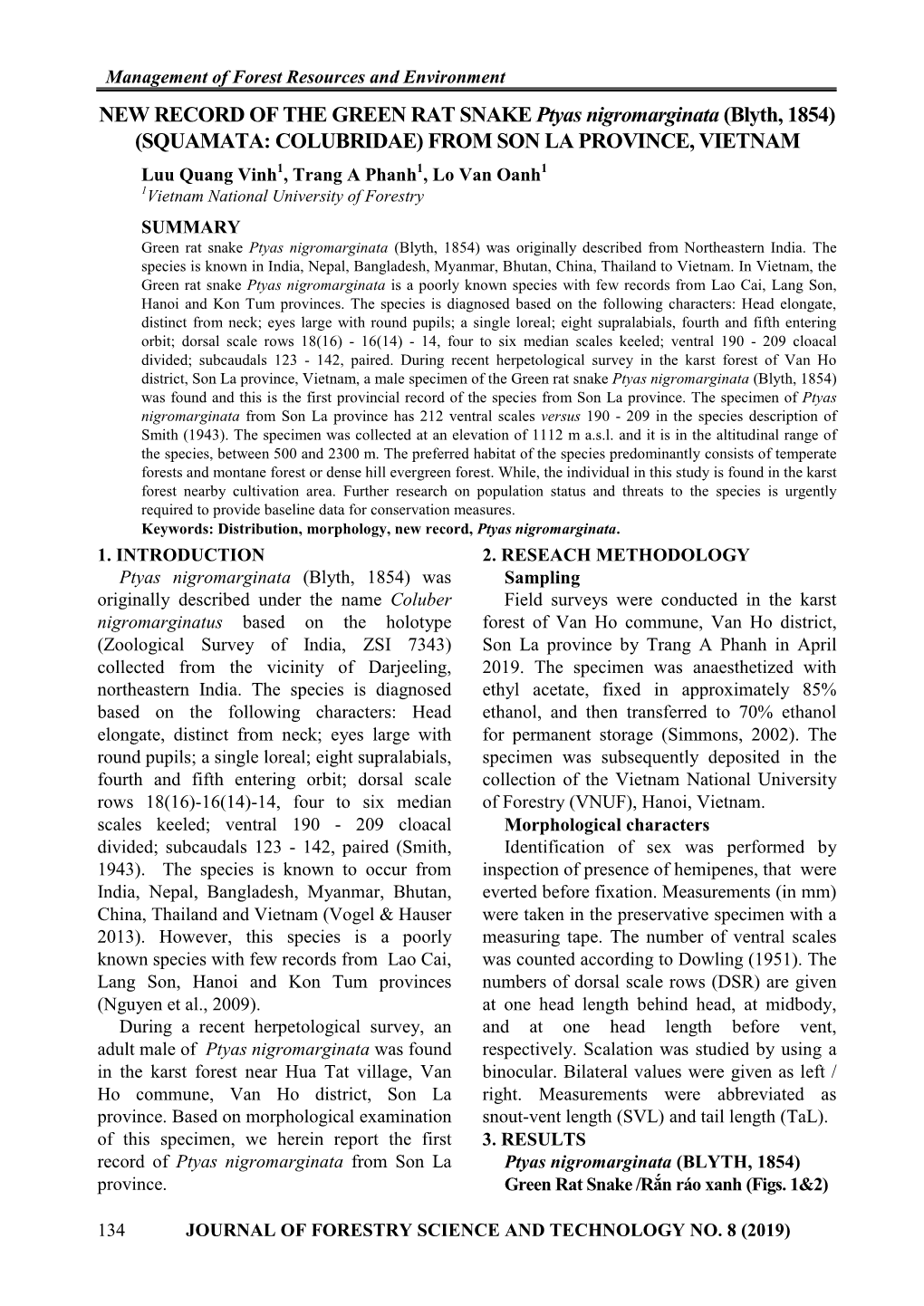 NEW RECORD of the GREEN RAT SNAKE Ptyas Nigromarginata (Blyth, 1854) (SQUAMATA: COLUBRIDAE) from SON LA PROVINCE, VIETNAM