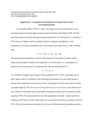 Supplement A: Assumptions and Equations in Ecopath with Ecosim Governing Equations