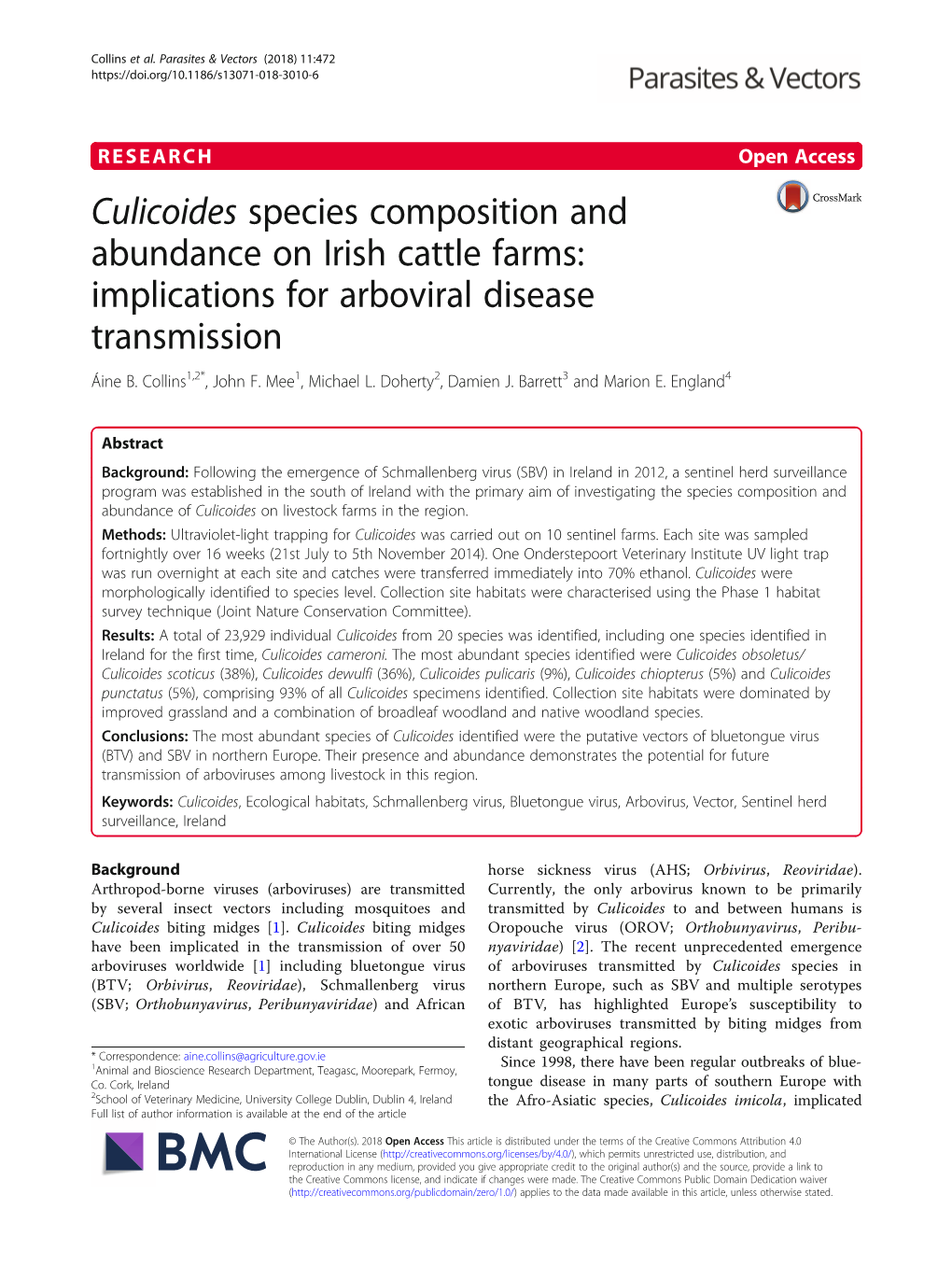 Culicoides Species Composition and Abundance on Irish Cattle Farms: Implications for Arboviral Disease Transmission Áine B