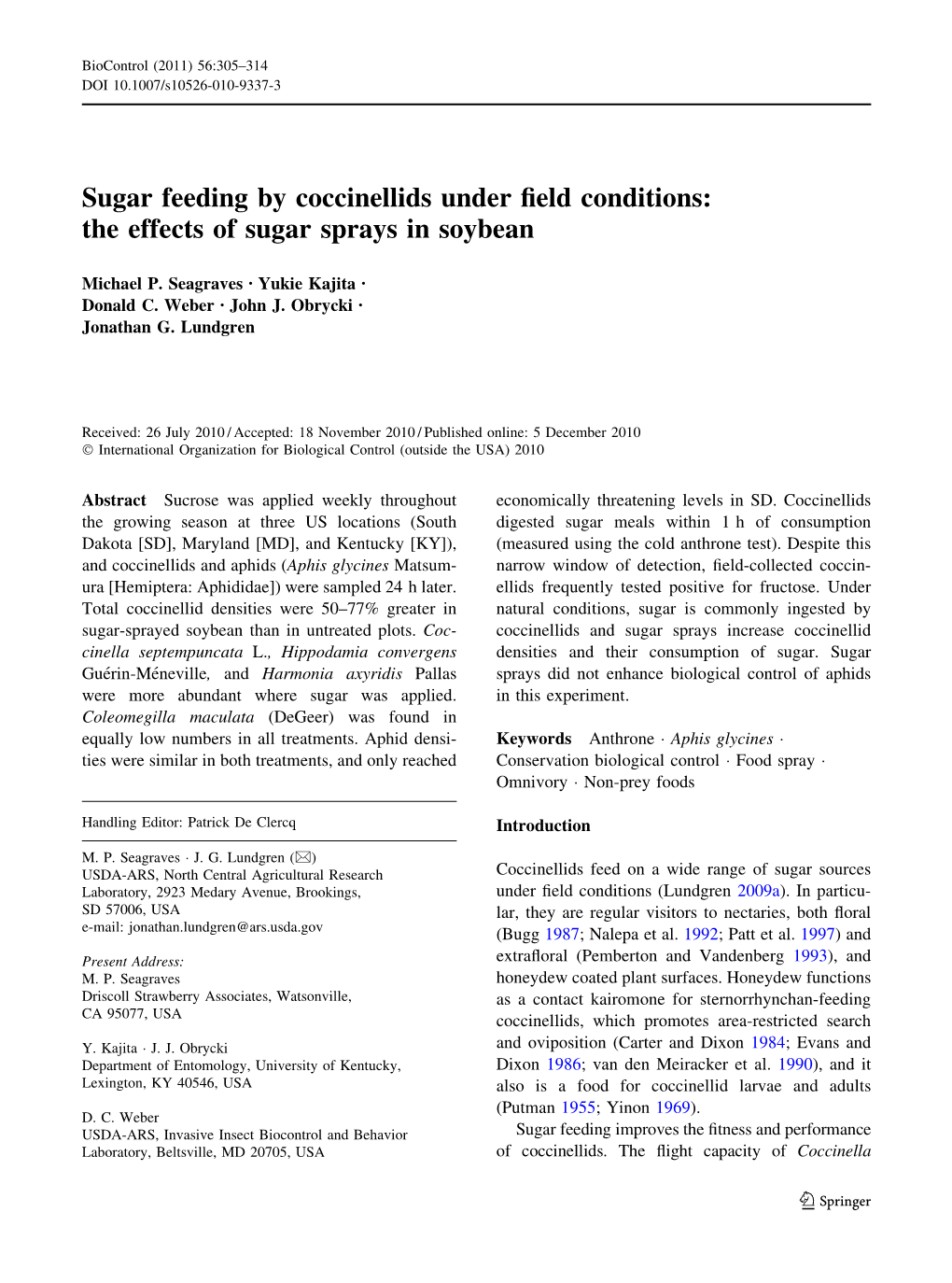 Sugar Feeding by Coccinellids Under Field Conditions