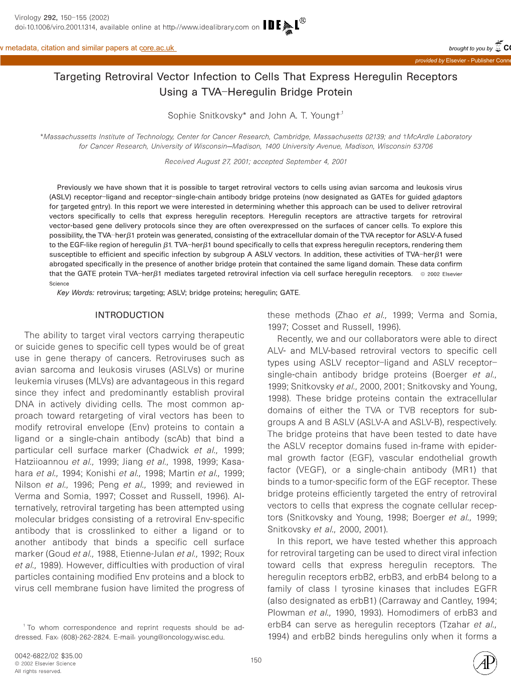 Targeting Retroviral Vector Infection to Cells That Express Heregulin Receptors Using a TVA-Heregulin Bridge Protein