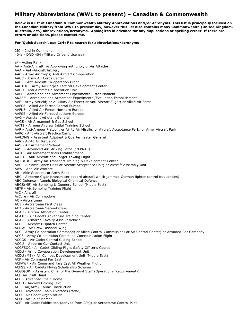 Military Abbreviations (WW1 to Present) Œ Canadian