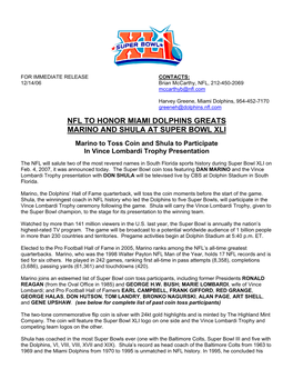 Nfl to Honor Miami Dolphins Greats Marino and Shula at Super Bowl Xli
