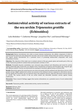 Antimicrobial Activity of Various Extracts of the Sea Urchin Tripneustes Gratilla (Echinoidea)
