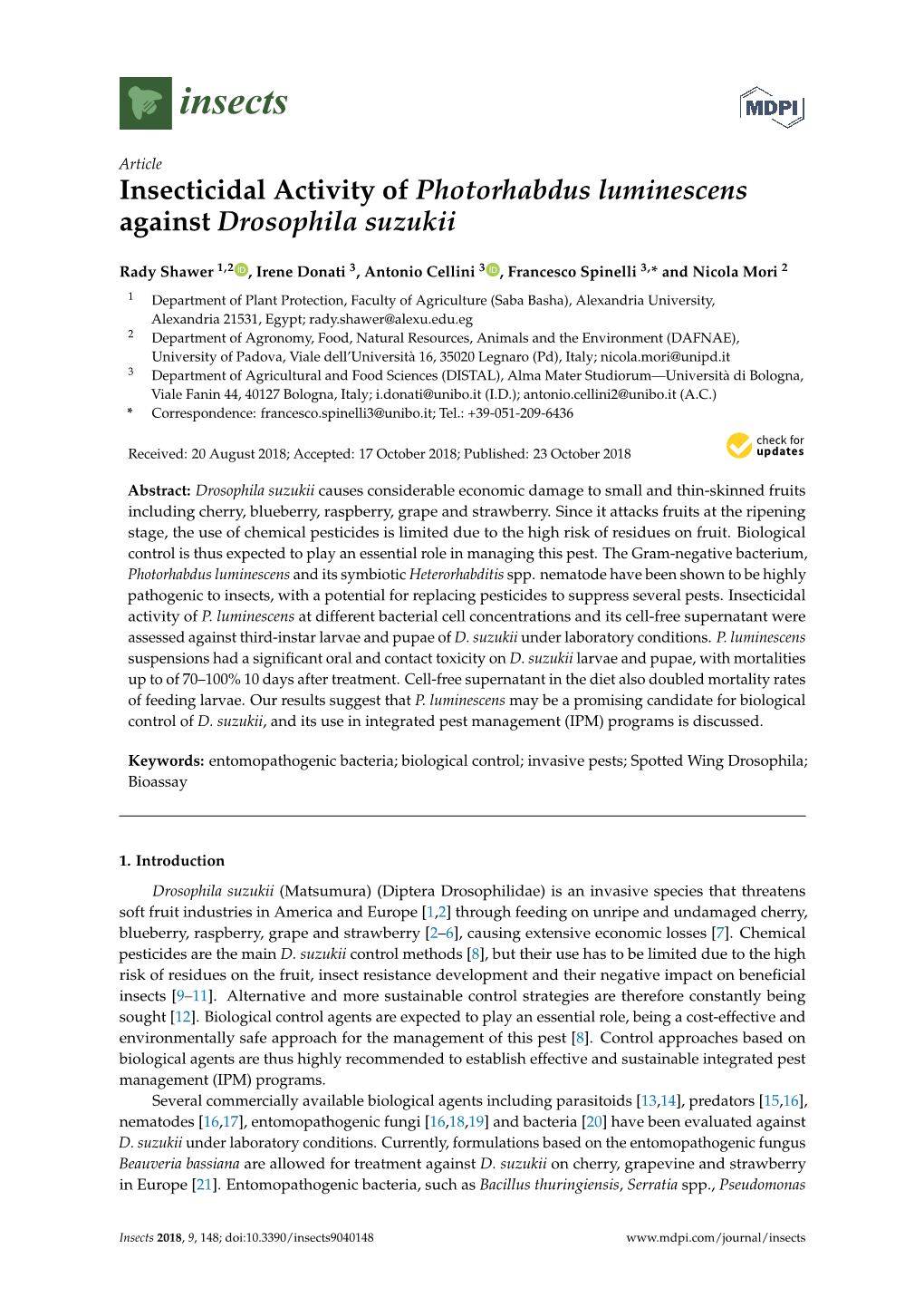 Insecticidal Activity of Photorhabdus Luminescens Against Drosophila Suzukii