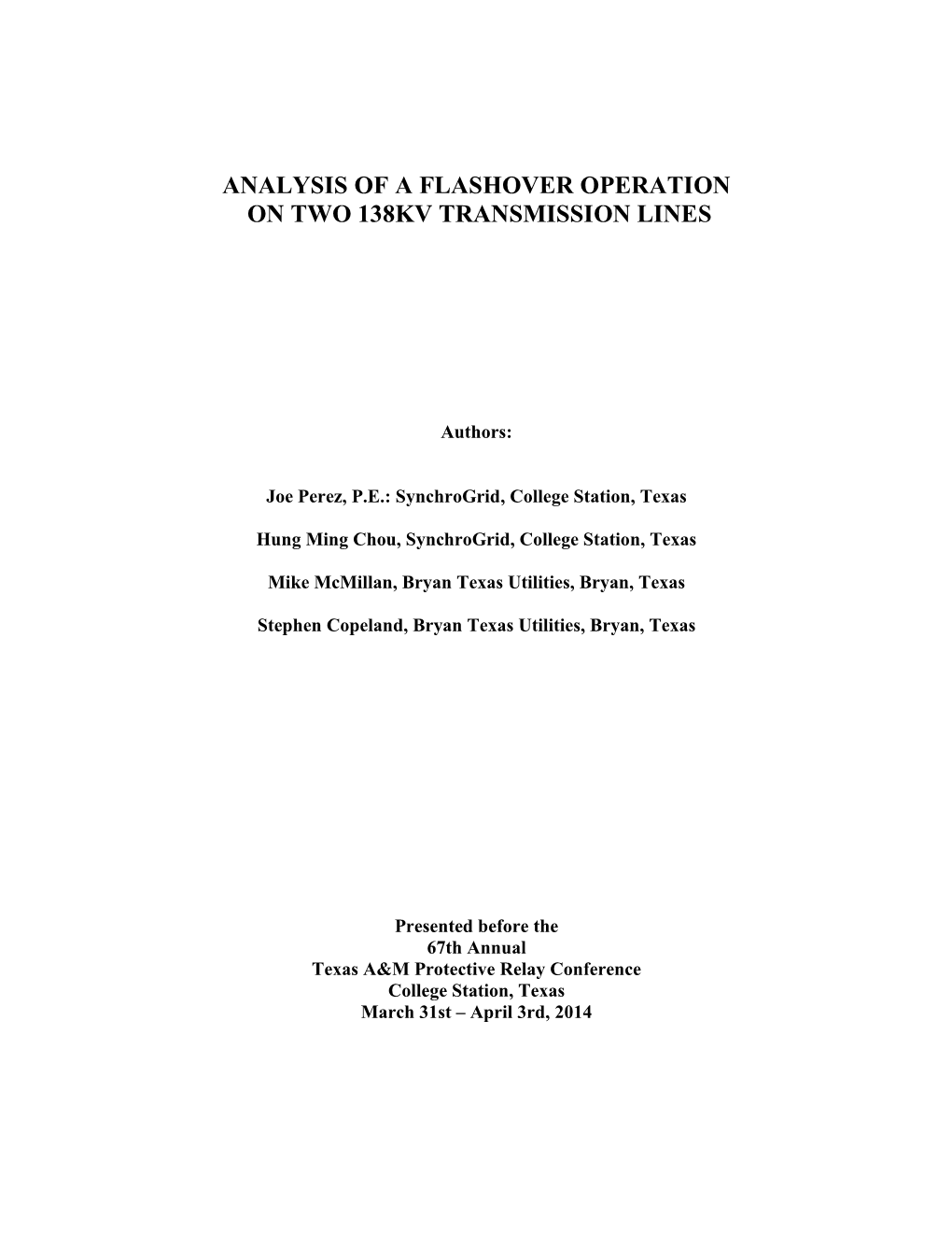 Analysis of a Flashover Operation on Two 138Kv Transmission Lines