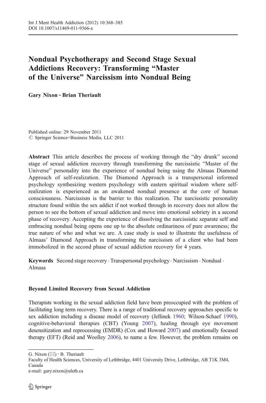 Nondual Psychotherapy and Second Stage Sexual Addictions Recovery: Transforming “Master of the Universe” Narcissism Into Nondual Being