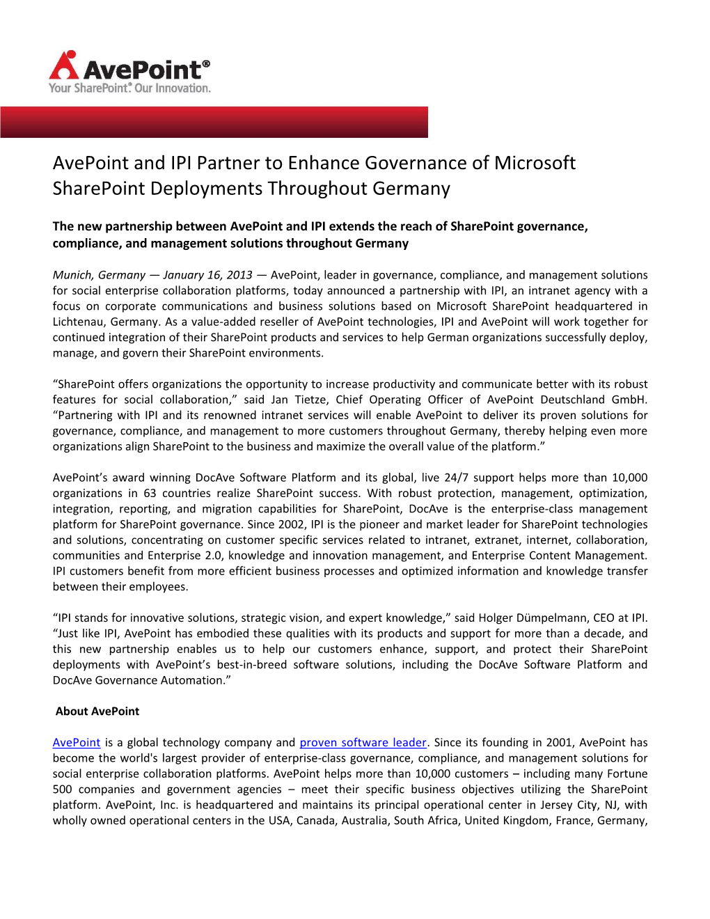 Avepoint and IPI Partner to Enhance Governance of Microsoft Sharepoint Deployments Throughout Germany
