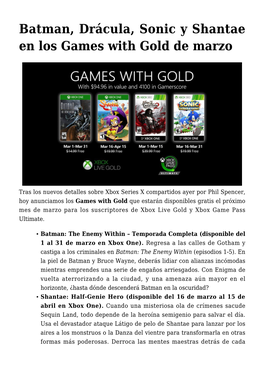 Batman, Drácula, Sonic Y Shantae En Los Games with Gold De Marzo