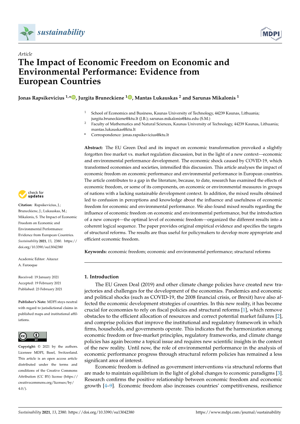 The Impact of Economic Freedom on Economic and Environmental Performance: Evidence from European Countries