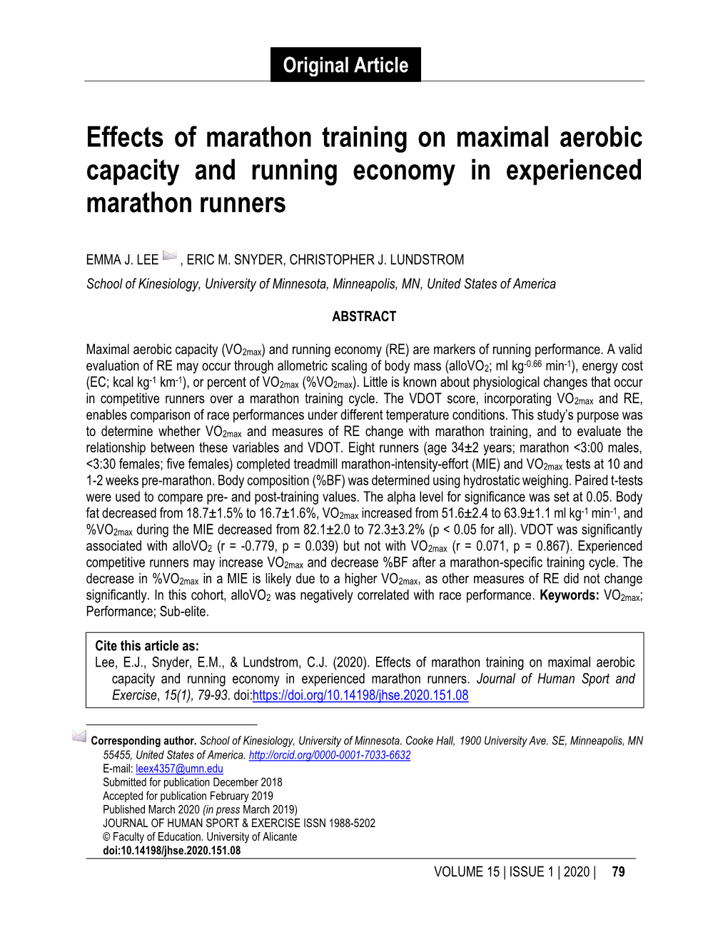 Effects of Marathon Training on Maximal Aerobic Capacity and Running Economy in Experienced Marathon Runners