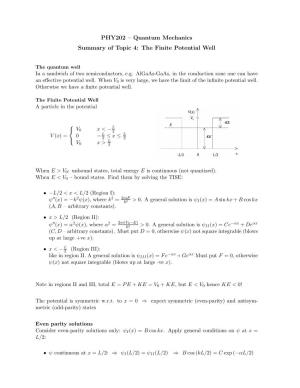 PHY202 – Quantum Mechanics Summary of Topic 4: the Finite Potential Well