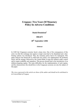 Uruguay: Two Years of Monetary Policy in Adverse Conditions