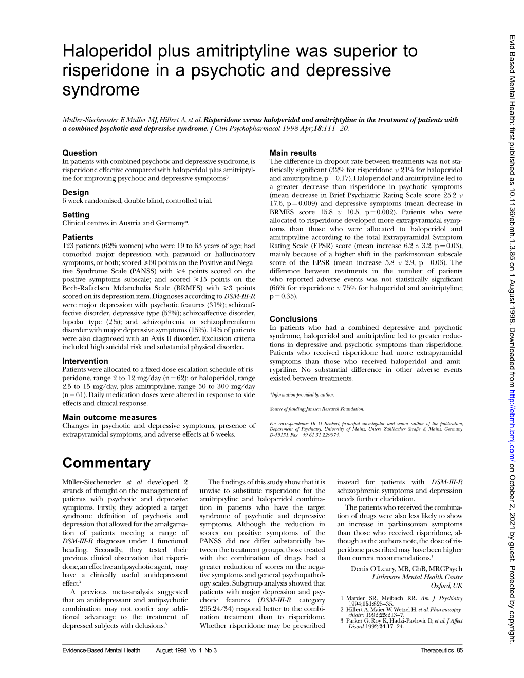 Haloperidol Plus Amitriptyline Was Superior to Risperidone in a Psychotic and Depressive Syndrome