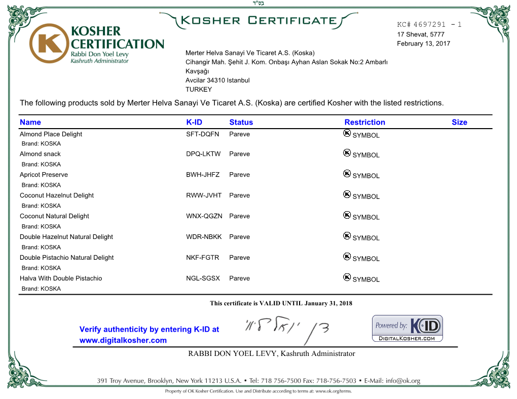 (Koska) Are Certified Kosher with the Listed Restrictions