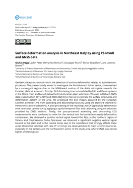 Surface Deformation Analysis in Northeast Italy by Using PS-Insar and GNSS Data