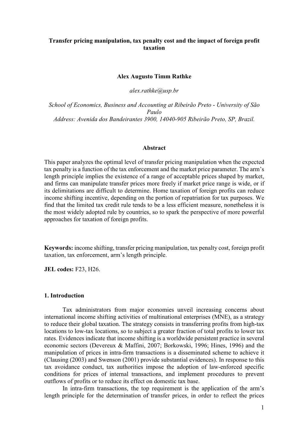 1 Transfer Pricing Manipulation, Tax Penalty Cost and the Impact