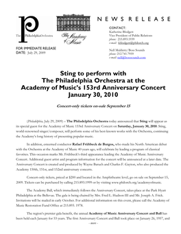 Sting to Perform with the Philadelphia Orchestra at the Academy of Music's 153Rd Anniversary Concert January 30, 2010