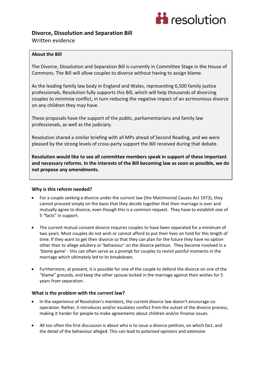 Divorce, Dissolution and Separation Bill Written Evidence