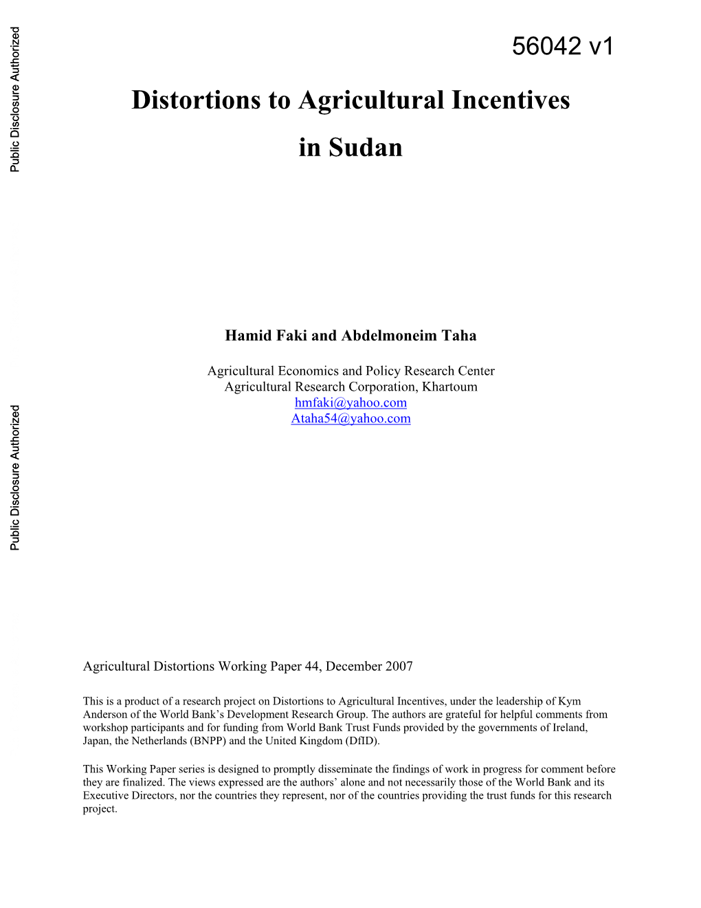Distortions to Agricultural Incentives in Sudan Public Disclosure Authorized