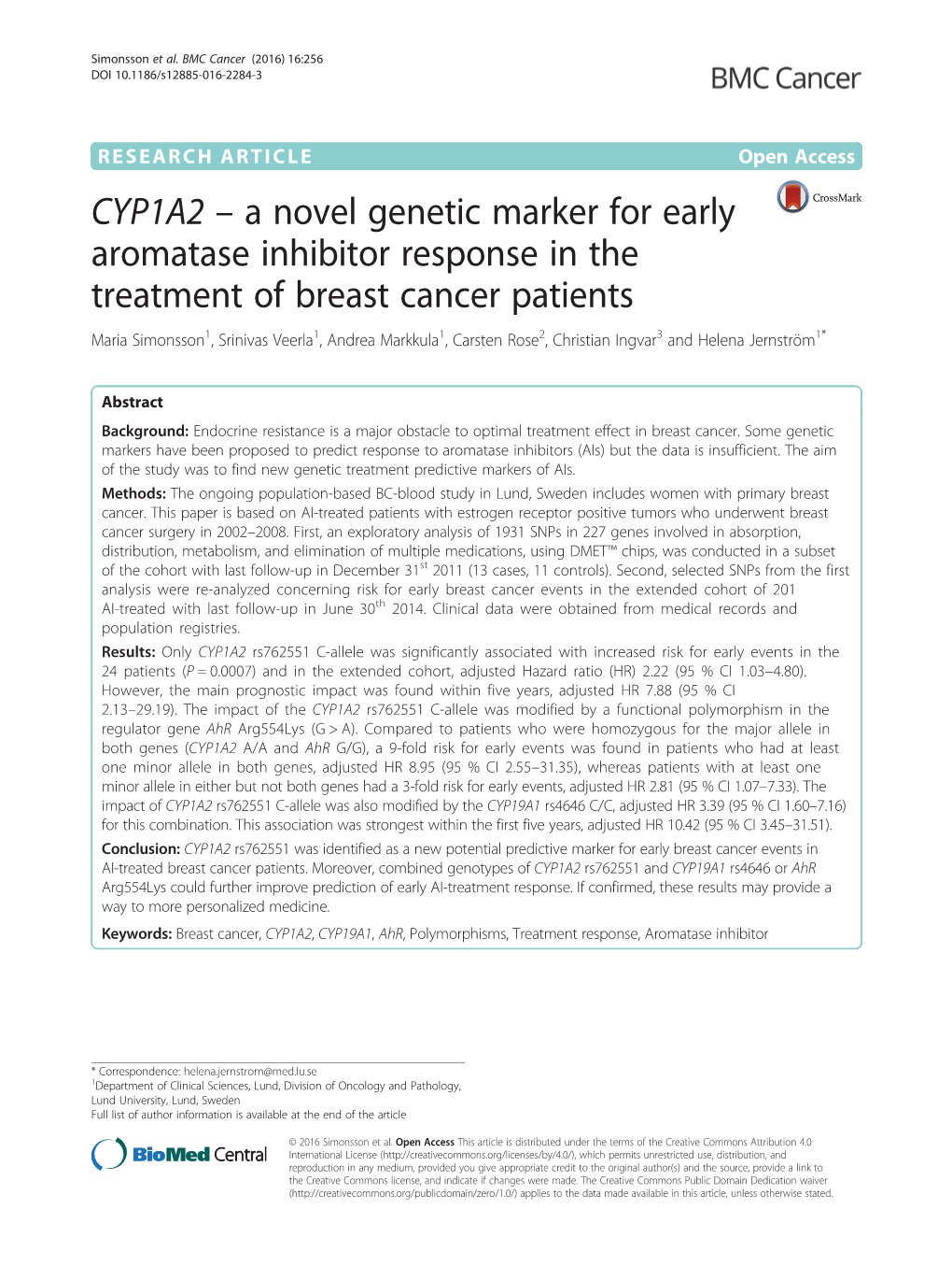 CYP1A2 – a Novel Genetic Marker for Early Aromatase Inhibitor Response