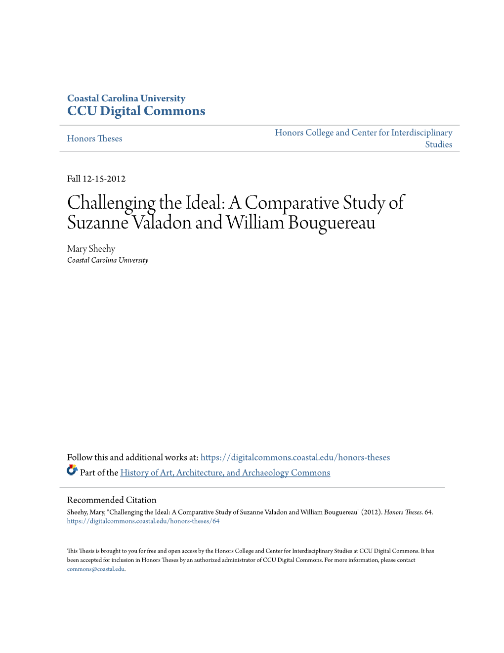 A Comparative Study of Suzanne Valadon and William Bouguereau Mary Sheehy Coastal Carolina University