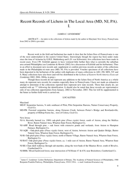 Recent Records of Lichens in the Local Area (MD, NJ, PA). I
