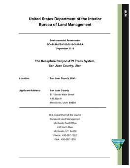 United States Department of the Interior Bureau of Land Management