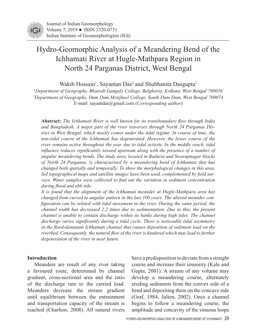 Hydro-Geomorphic Analysis of a Meandering Bend of the Ichhamati River at Hugle-Mathpara Region in North 24 Parganas District, West Bengal