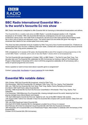 BBC Radio International Essential Mix – Is the World's Favourite DJ Mix Show Essential Mix Notable Dates