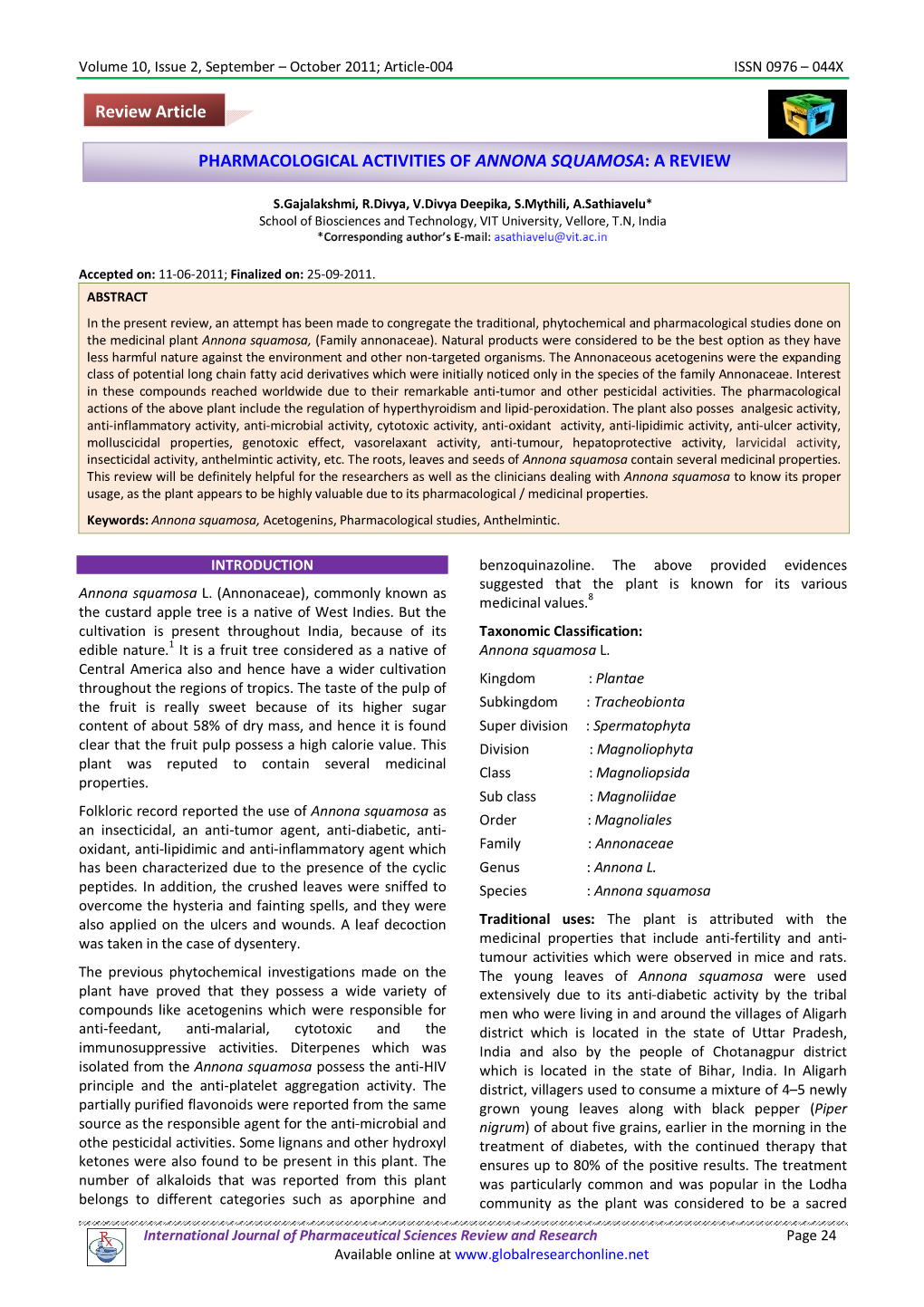 Pharmacological Activities of Annona Squamosa: a Review