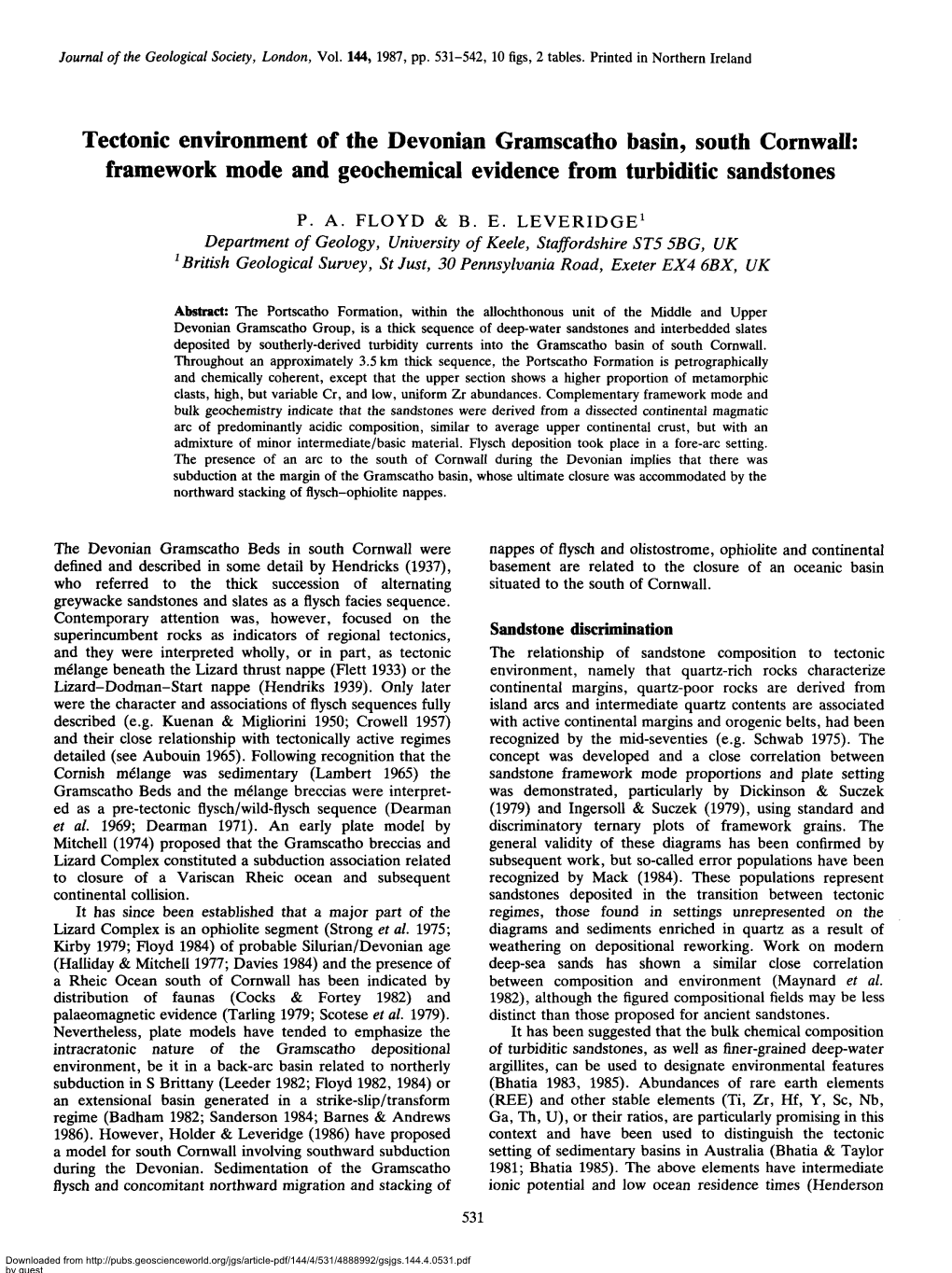 Tectonic Environment of the Devonian Gramscatho Basin, South Cornwall: Framework Mode and Geochemical Evidence from Turbiditic Sandstones