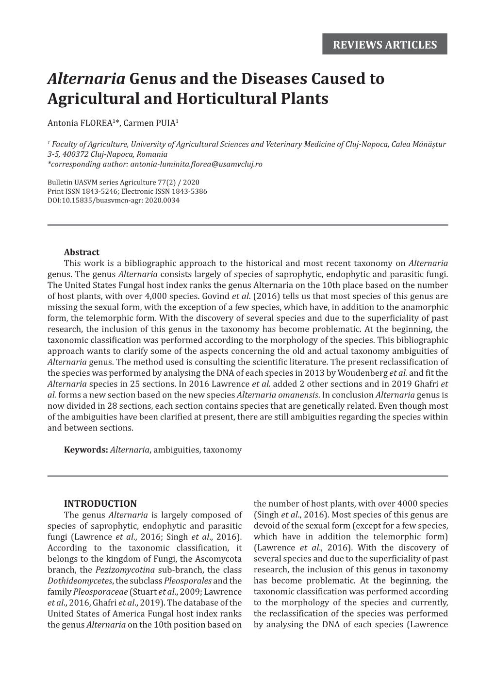 Alternaria Genus and the Diseases Caused to Agricultural and Horticultural Plants