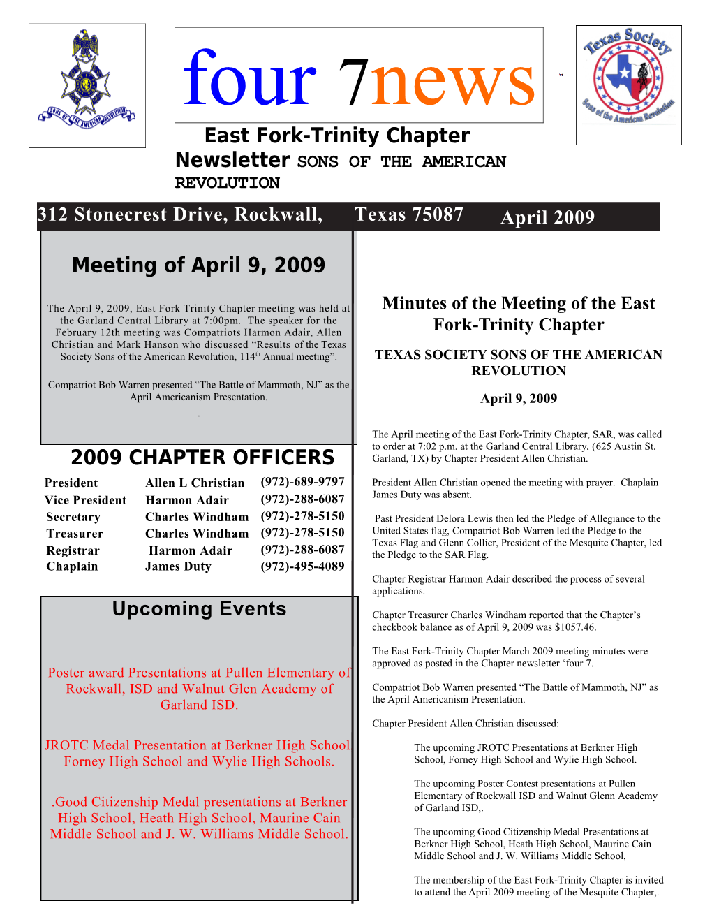 East Fork-Trinity Chapter Newsletter SONS of the AMERICAN REVOLUTION