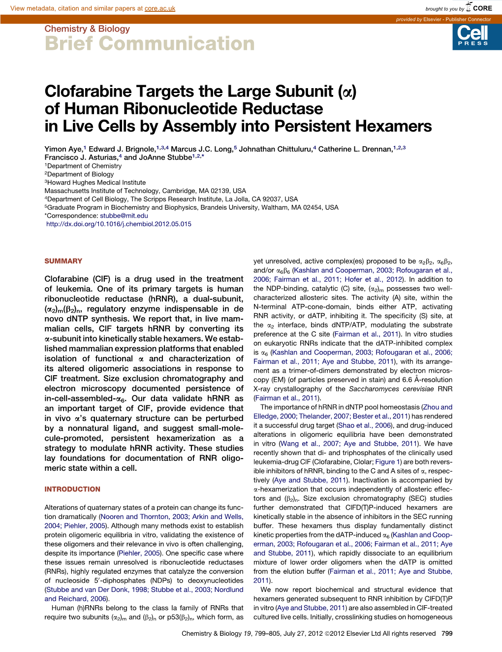 Clofarabine Targets the Large Subunit (A) of Human Ribonucleotide Reductase in Live Cells by Assembly Into Persistent Hexamers