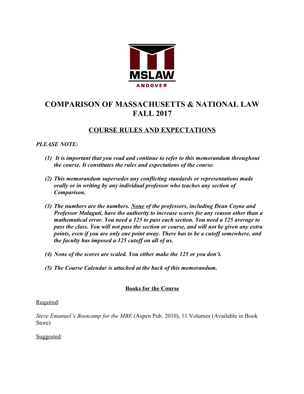 Comparison of Massachusetts & National Law
