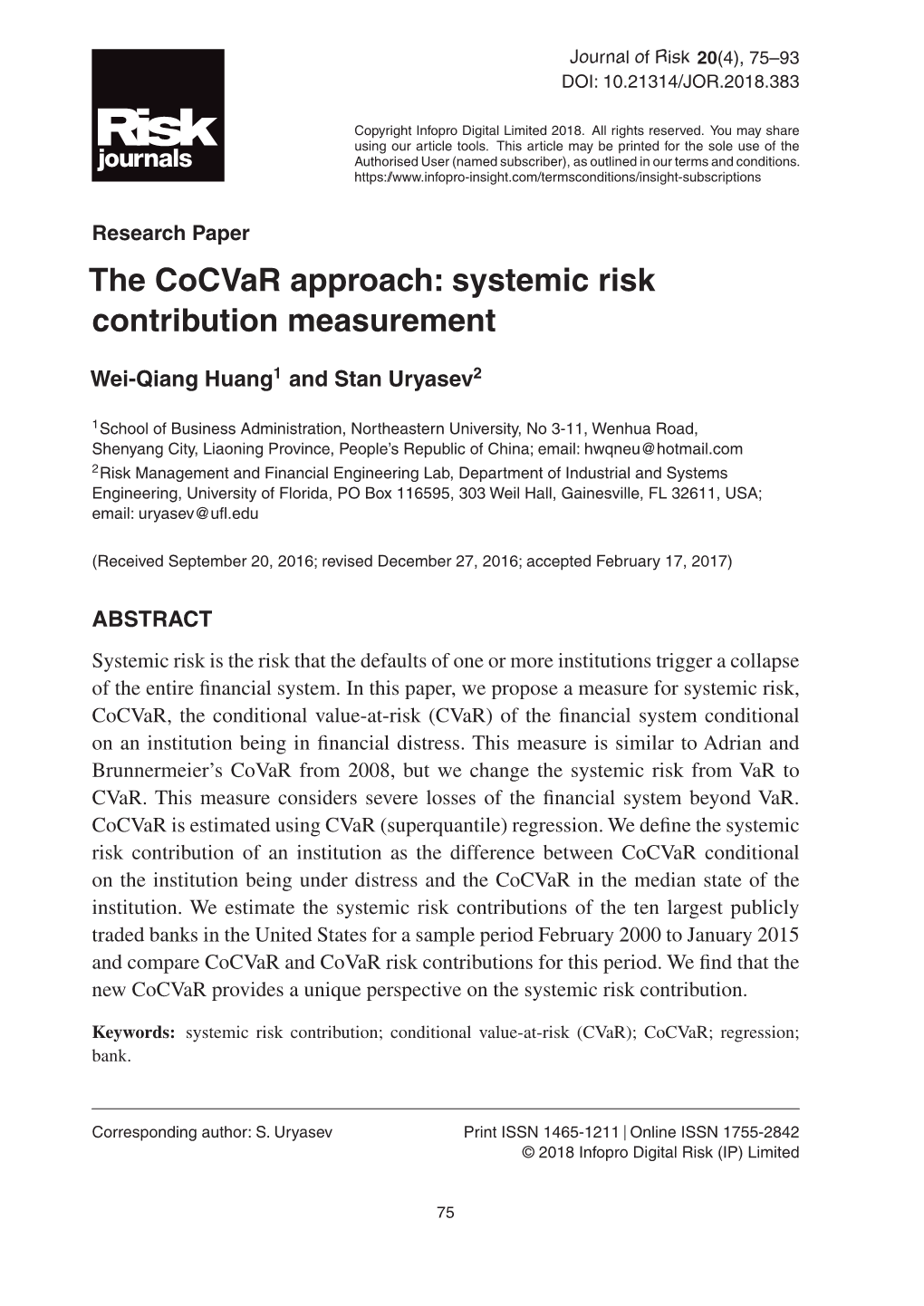 The Cocvar Approach: Systemic Risk Contribution Measurement