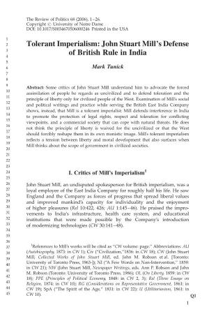 Tolerant Imperialism: John Stuart Mill's Defense of British Rule in India