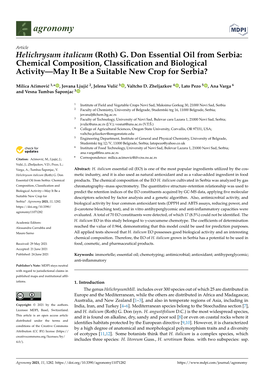 Helichrysum Italicum (Roth) G. Don Essential Oil from Serbia: Chemical Composition, Classiﬁcation and Biological Activity—May It Be a Suitable New Crop for Serbia?