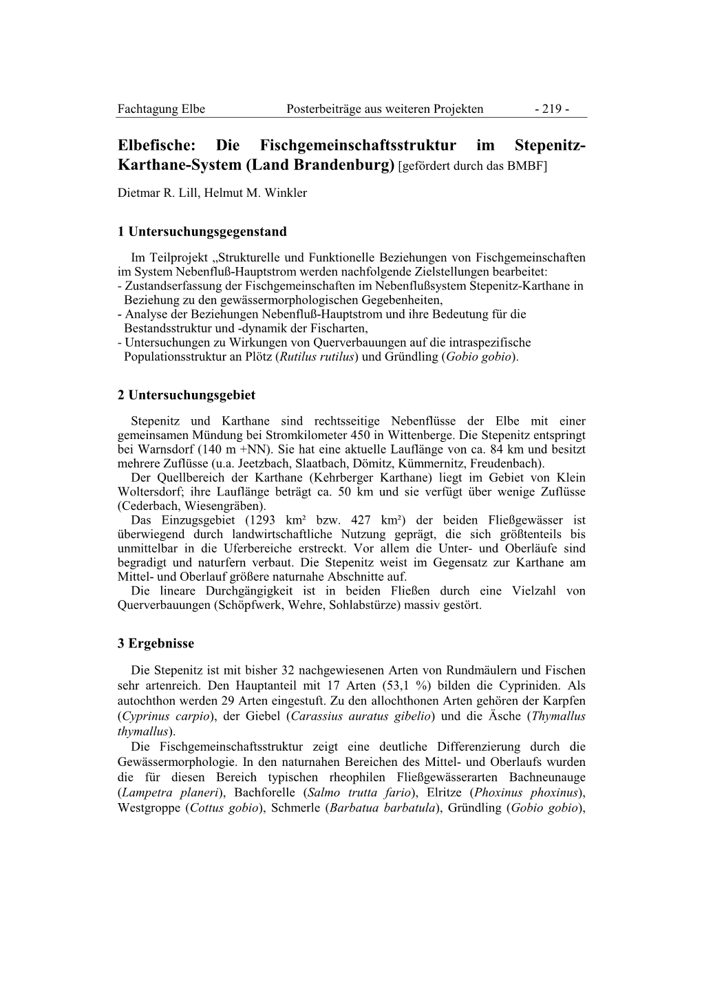 Die Fischgemeinschaftsstruktur Im Stepenitz- Karthane-System (Land Brandenburg) [Gefördert Durch Das BMBF]