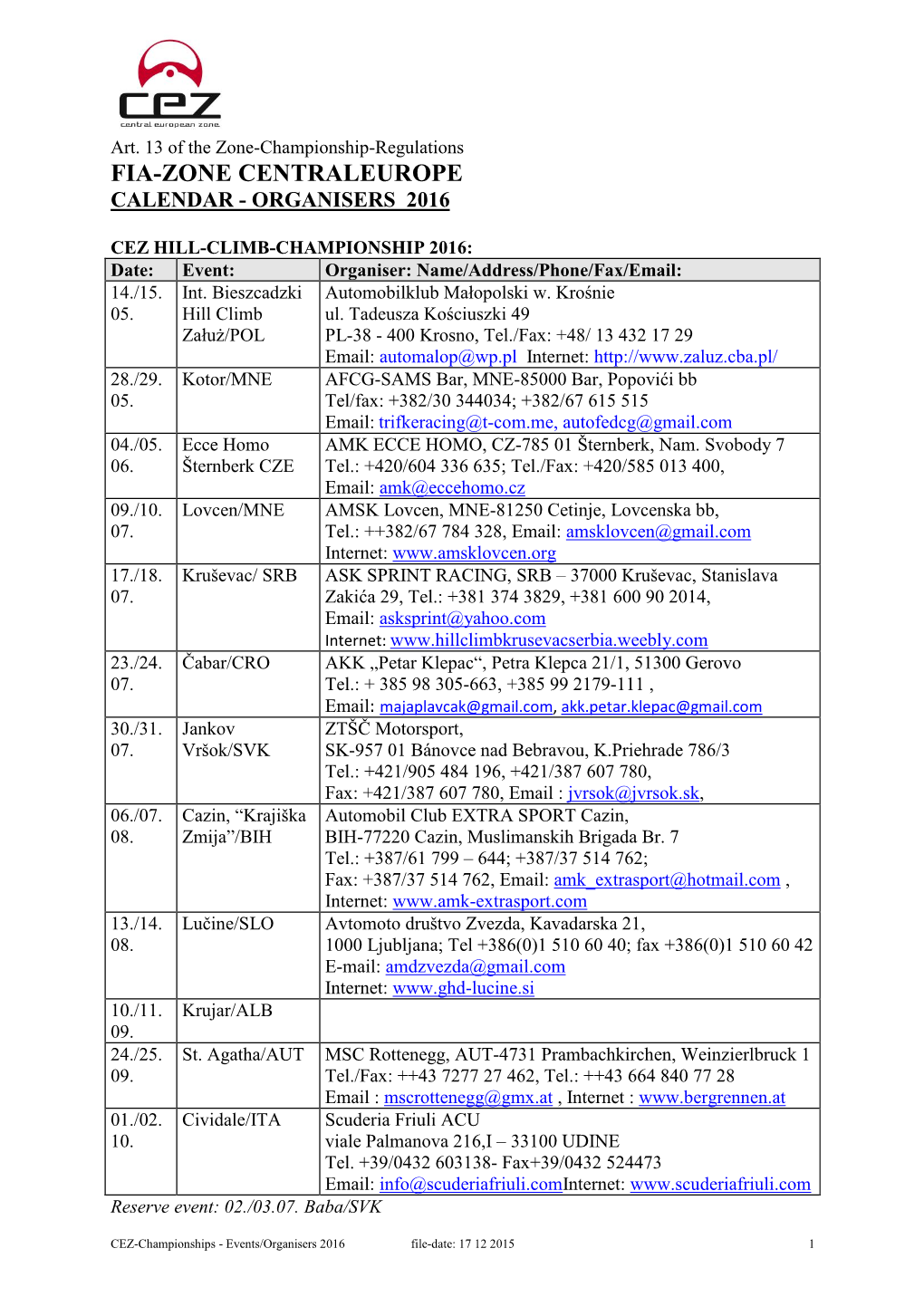 Fia-Zone Centraleurope Calendar - Organisers 2016