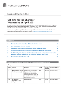 Call Lists for the Chamber Wednesday 21 April 2021