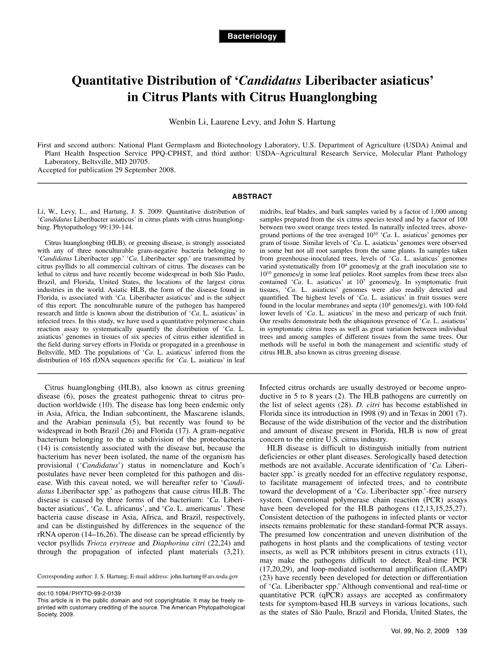 Quantitative Distribution of 'Candidatus Liberibacter Asiaticus'