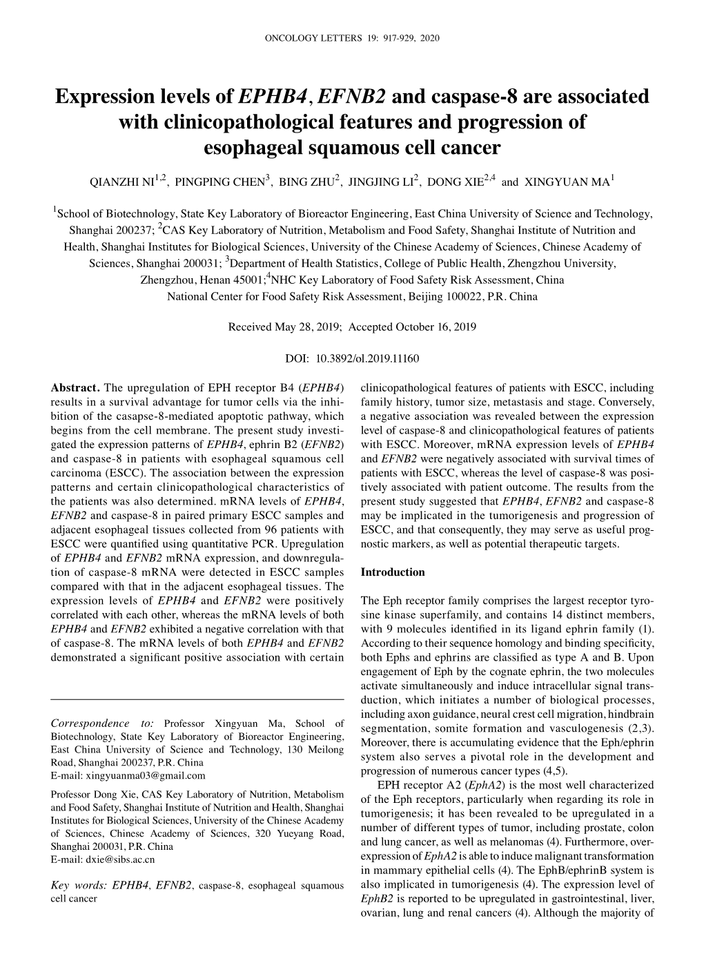 Expression Levels of EPHB4, EFNB2 and Caspase‑8 Are Associated with Clinicopathological Features and Progression of Esophageal Squamous Cell Cancer