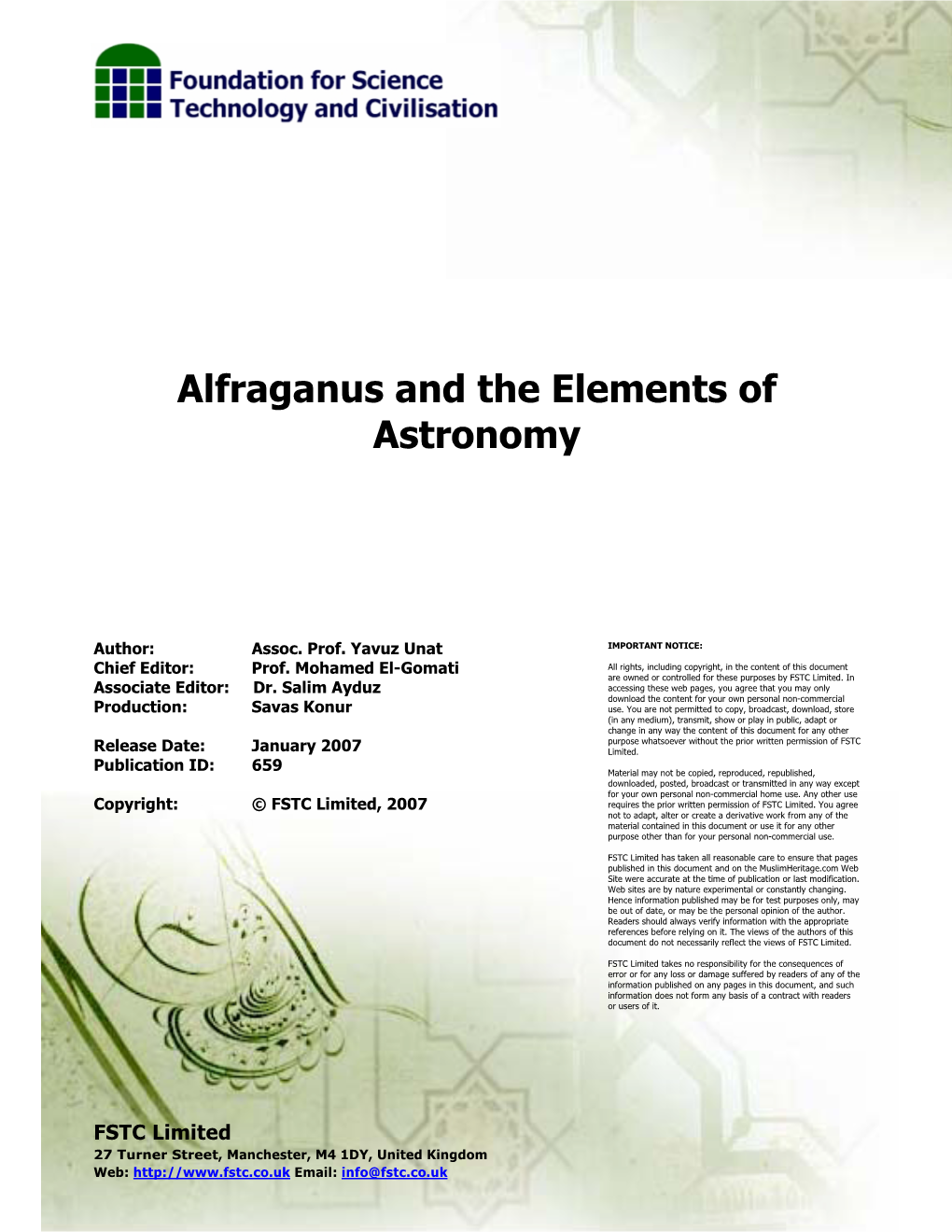 Alfraganus and the Elements of Astronomy