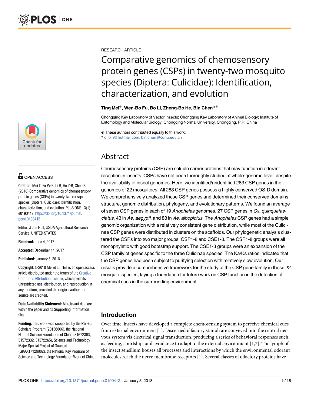 Comparative Genomics of Chemosensory Protein Genes (Csps) in Twenty-Two Mosquito Species (Diptera: Culicidae): Identification, Characterization, and Evolution