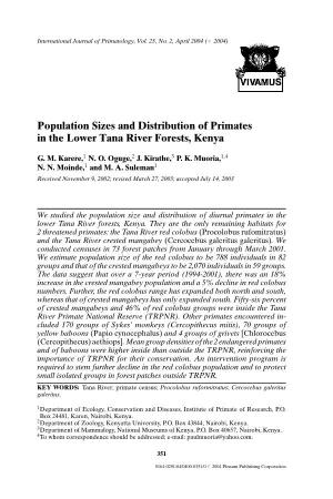 Population Sizes and Distribution of Primates in the Lower Tana River Forests, Kenya